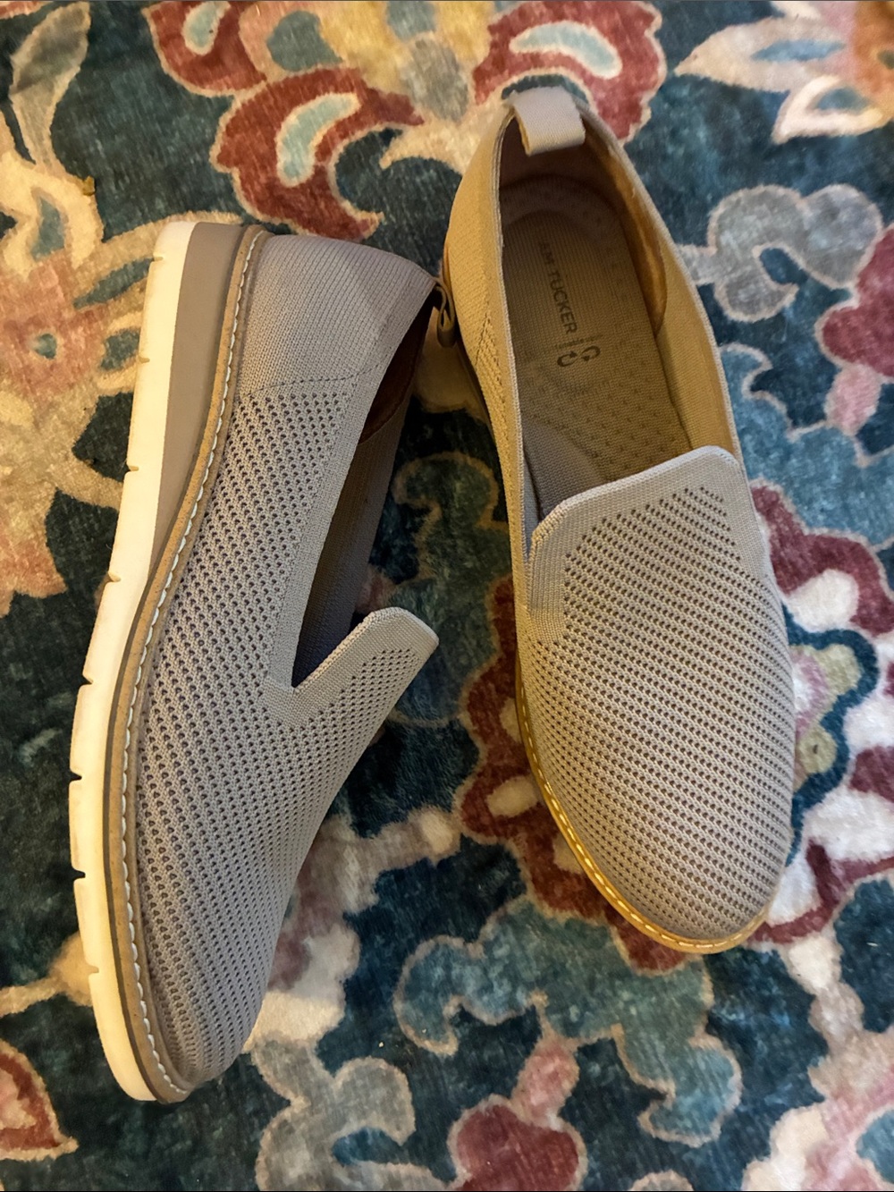 Adam Tucker Women's Knit Slip-On Loafers in Light Gray with Gold Trim